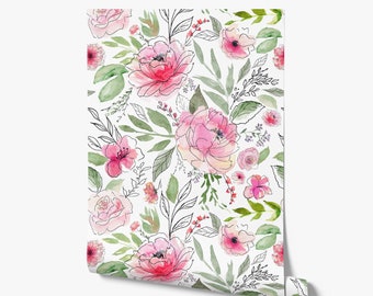 Pink Botanical Wallpaper - Wild Flower Fields Floral, Girl Nursery  - Peel and Stick Removable and Prepasted Smooth