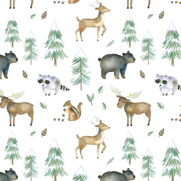 Woodland Forest Fabric - Moose, Dear, Bear, Gender Neutral Nursery, Camping, Animal Print - Cotton, Minky, Fleece, Fabric by the Yard