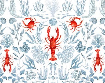 Coastal Crustaceans Fabric by the Yard - Lobster, Crabs and Coral, Summer - Quilting Cotton, Sateen, Poplin, Knit, Minky, Fleece, Home Decor