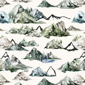 May include: Watercolor painting of a seamless pattern featuring green, blue, and brown mountains. The mountains are painted in a loose, abstract style, with soft edges and flowing lines. The background is white.