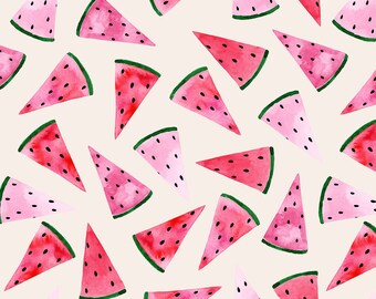 Watermelon Fruit Fabric by the Yard. Quilting Cotton, Poplin, Sateen, Organic Knit, Home Decor, Upholstery. Watercolor, Summer, Pink, Beach