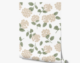 Hydrangea Floral Wallpaper - Grandmillenial, Cottagecore Muted Neutral Botanical - Peel and Stick Removable and Prepasted Smooth Wallpaper