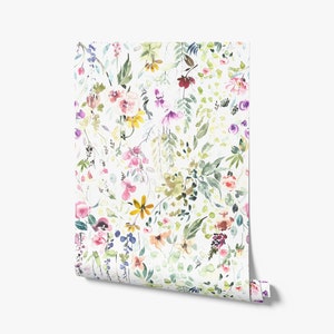Eame&#39;s Wildflower Meadow Wallpaper - Floral, Botanical, Soft Pastel Flowers - Peel and Stick Removable and Prepasted Smooth Wallpaper