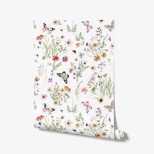 Dainty Wildflowers Wallpaper - Wren&#39;s Wildflower Garden, Floral, Botanical - Peel and Stick Removable and Prepasted Smooth Wallpaper