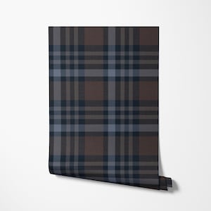 Hickory and Navy Plaid Wallpaper, Heritage, Masculine, Rustic, Office - Peel and Stick Removable and Prepasted Smooth