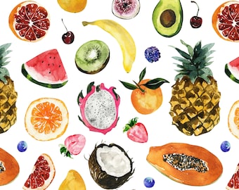 Watercolor Fruit Fabric, Tropical Fruits, Summer - Quilting Cotton, Sateen, Organic Knit, Minky.