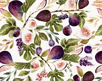 Summer Figs and Botanical Leaves Fabric by the Yard. Quilting Cotton, Sateen, Organic Knit, Home Decor, Upholstery. Watercolor Fruit Fig