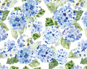 Blue Hydrangea Floral Fabric by the Yard. Quilting Cotton, Organic Knit, Jersey or Minky. Watercolor Florals, Botanical, Greenery, Spring