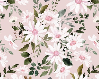 Pink Daisy Fabric - Watercolor Floral Daisies, Blush Flowers, Botanical - Cotton, Poplin, Minky, Fleece, Upholstery Fabric by the Yard