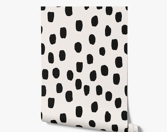 Polka Dots Wallpaper - Large Abstract Painted Dots in Black on Bone - Peel and Stick Removable and Prepasted Smooth