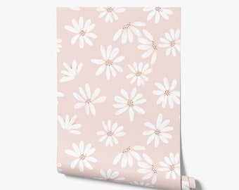 Daisy Wallpaper - Blush Pink Daisy Blooms Floral, Girl Nursery  - Peel and Stick Removable and Prepasted Smooth