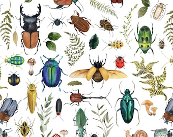 Forest Bugs and Insects Fabric - Quilting Cotton, Organic Knit, Jersey, Minky, Fleece, Home Decor Fabric by the Yard. Boys, Bug, Beetles