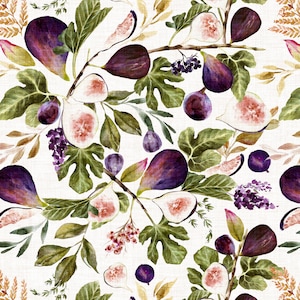 May include: A seamless pattern featuring watercolor illustrations of purple figs, green leaves, and brown branches on a white background.