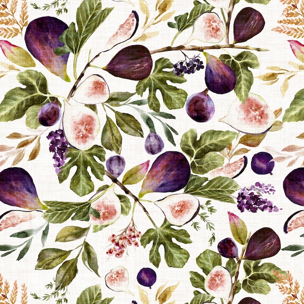Higos de verano y hojas botánicas. Tela cortada a medida. Algodón, satén, punto orgánico, decoración del hogar y tapicería. Higo de acuarela.