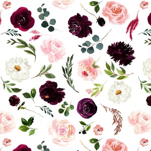 Blush and Burgundy Floral Fabric - Watercolor Fall Florals - Cotton, Sateen, Minky, Fleece, Home Decor Fabric by the Yard