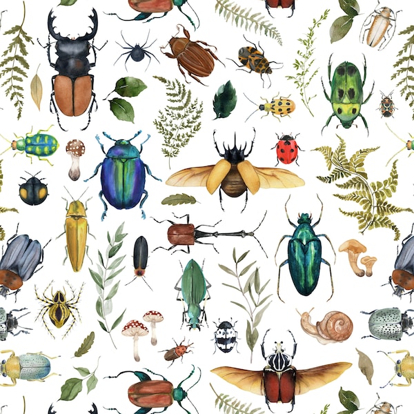 Forest Bugs and Insects Fabric - Quilting Cotton, Organic Knit, Jersey, Minky, Fleece, Home Decor Fabric by the Yard. Boys, Bug, Beetles