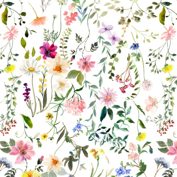 Spring Wildflower Floral Fabric by the Yard. Quilting Cotton, Knit, Minky, Home Decor, Upholstery. Girl Nursery Fabric, Watercolor Florals