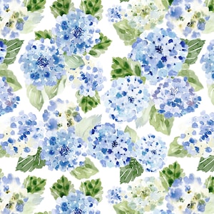 Blue Hydrangea Floral Fabric by the Yard. Quilting Cotton, Organic Knit, Jersey or Minky. Watercolor Florals, Botanical, Greenery, Spring