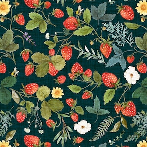 Strawberry Garden Fabric by the Yard - Watercolor Wild Strawberries, Fruit, Botanical. Quilting Cotton, Sateen, Knit, Minky, Home Decor