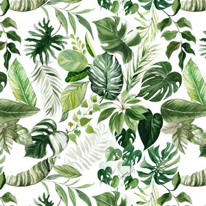 May include: A seamless pattern featuring watercolor illustrations of various green tropical leaves on a white background.