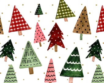Holiday Pines Fabric by the Yard. Quilting Cotton, Minky, Jersey or Organic Interlock Knit. Watercolor Christmas Tree Xmas Red and Green
