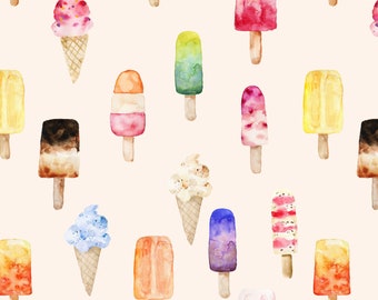 Summer Treats Fabric by the Yard. Quilt Cotton, Interlock Knit, Jersey or Minky. Summer, Children's Fabric, Ice Cream, Popsicle, Watercolor