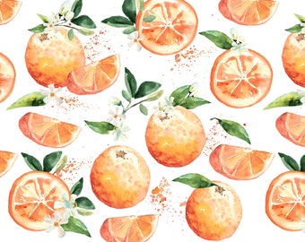 Watercolor Oranges Fabric by the Yard. Quilting Cotton, Organic Knit, Jersey, or Minky. Orange, Summer Fabric, Fruit, Fruits, Food, Beach