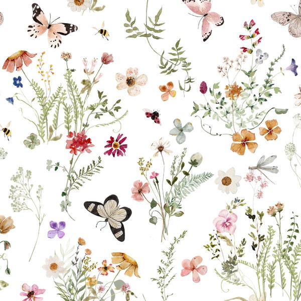 Wildflower and Butterflies Fabric in Quilting Cotton, Organic Knit, Jersey or Minky. Watercolor Floral, Nature, Botanical, Butterfly, Garden