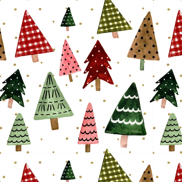 Holiday Pines Fabric by the Yard. Quilting Cotton, Minky, Jersey or Organic Interlock Knit. Watercolor Christmas Tree Xmas Red and Green