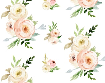 Tela con motivos florales boho cortada a medida. Tela con motivos de bosques, para habitación de niña, rosa, flechas, tela con motivos florales de acuarela. Algodón, Minky y vellón para acolchado