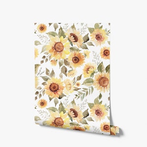 Sunflower Wallpaper - Watercolor Sunflowers Floral Greenery - Peel and Stick Removable and Prepasted Smooth Wallpaper