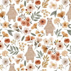 Woodland Fabric - Honey Bears in Bloom, Cute Baby Bear and Flowers - Quilting Cotton, Sateen, Jersey, Minky, Fleece Fabric by the Yard.