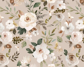 Neutral Floral Fabric by the Yard. Quilting Cotton, Sateen, Organic Knit, Jersey, Minky, Home Decor. Watercolor Fall Florals, Autumn
