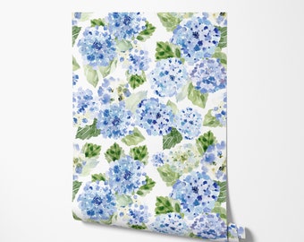 Blue Hydrangea Wallpaper - Coastal Floral, South Carolina, Botanical - Peel and Stick Removable and Prepasted Smooth
