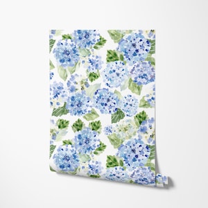 Blue Hydrangea Wallpaper - Coastal Floral, South Carolina, Botanical - Peel and Stick Removable and Prepasted Smooth