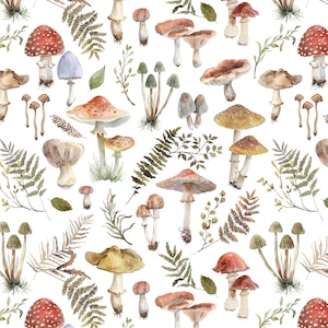 Tela de bosque de hongos cortada a medida - Otoño, hongos, bosque, botánica - Edredón de algodón, satén, popelina, minky, punto, decoración del hogar
