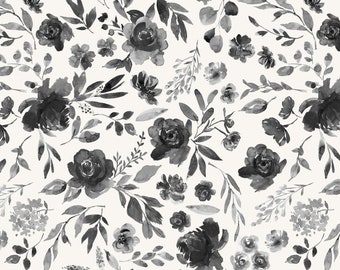Black Watercolor Floral Fabric- Watercolor Flowers, Botanical, Peony - Quilting Cotton, Sateen, Minky, Home Decor Fabric by the Yard