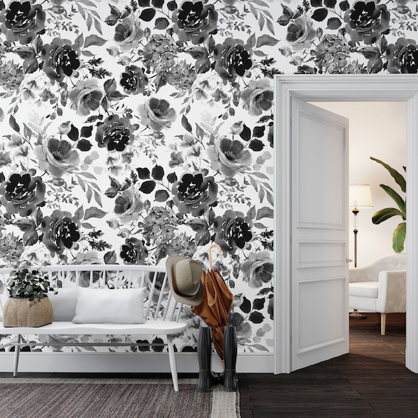 Black and White Floral Wallpaper - Vintage Watercolor Florals, Rose, Garden - Peel and Stick Removable Wallpaper