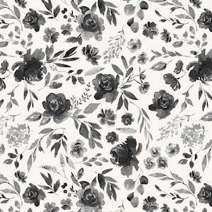 Black Watercolor Floral Fabric- Watercolor Flowers, Botanical, Peony - Quilting Cotton, Sateen, Minky, Home Decor Fabric by the Yard