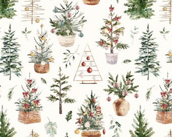 May include: Watercolor pattern featuring various Christmas trees in baskets and pots, decorated with ornaments and bows. The design includes a mix of traditional and modern tree styles, with a neutral background and sprigs of greenery.