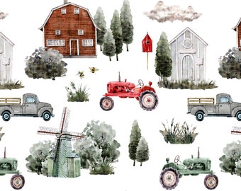 Vintage Farm Fabric by the Yard. Quilting Cotton, Knit, Jersey, Minky. Farm Fabric, Tractor Fabric, Trees, Windmill, Truck, Barn, Farmhouse