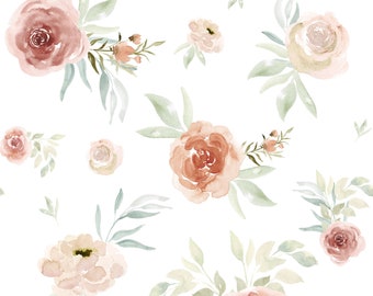 Sun Floral Fabric by the Yard. Watercolor Floral, Coral, Sage, Botanical - Quilting Cotton, Sateen, Poplin, Minky, Home Decor, Upholstery