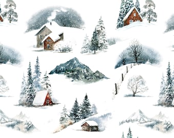 Winter's Night Fabric by the Yard, Woodland, Mountains, Snow, Holidays, Cabin, Quilting Cotton, Sateen, Poplin, Minky, Fleece Fabric