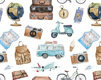 Travel Adventures Fabric by the Yard. Summer Fabric, Road Trip, Airplane. Quilting Cotton, Poplin, Organic Knit, Minky, Home Decor.