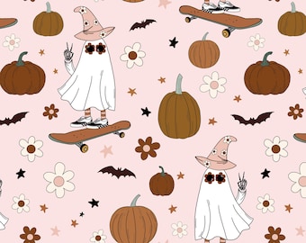 Boho Halloween Ghost Fabric by the Yard in Quilting Cotton, Poplin, Organic Knit, Jersey or Minky. Retro, Ghost, Daisy, Pink, Cute