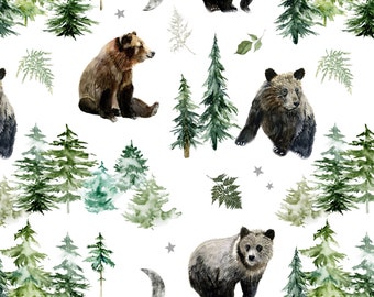 Woodland Bears Fabric by the Yard. Quilting Cotton, Organic Knit, Jersey or Minky. Woodland Fabric, Forest, Winter, Bear, Trees, Nursery