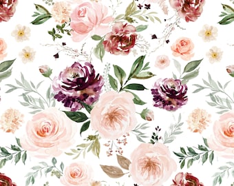 Pastel Floral Fabric by the Yard. Quilting Cotton, Organic Knit, Jersey, Minky, Fleece. Girl Nursery Fabric, Pink, Peach, Watercolor Florals