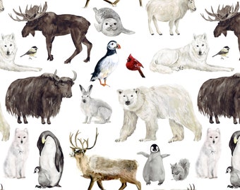 Winter Animals Fabric by the Yard. Quilting Cotton, Poplin, Organic Knit, Jersey or Minky. Penguin, Wolf, Deer, Moose, Reindeer