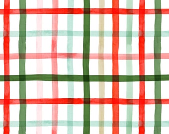 Christmas Plaid Fabric - Watercolor Red and Green Holiday Plaid, Blush, Sage, Xmas - Cotton, Knit, Minky, Home Decor Fabric by the Yard