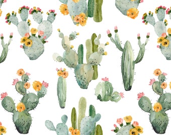 Tela de cactus del desierto al atardecer: estilo bohemio, acuarela, estilo suroeste, rosa y verde salvia. Tela para acolchado, de punto orgánico, jersey o minky, cortada a medida.